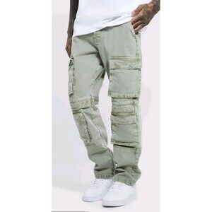 BoohooMAN Relaxed Fit Washed Multi Pocket Cargo Jeans Sage Mens Sz 30R EUC